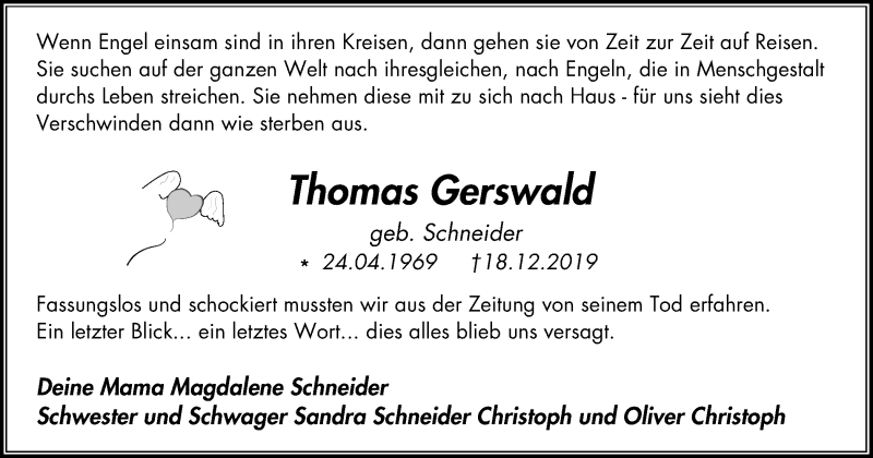  Traueranzeige für Thomas Gerswald vom 11.01.2020 aus Wochenblatt Herne/Wanne-Eickel