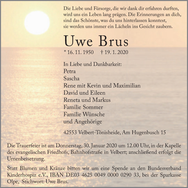  Traueranzeige für Uwe Brus vom 25.01.2020 aus Stadtanzeiger Velbert + Heiligenhaus