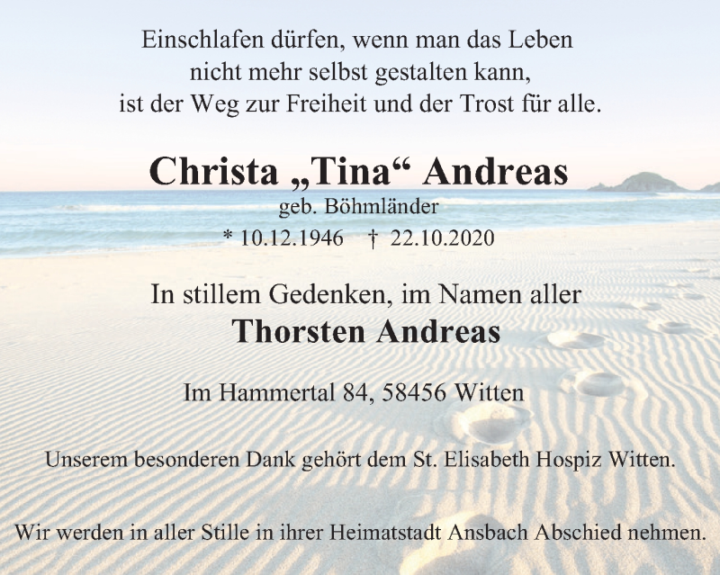  Traueranzeige für Christa Andreas vom 31.10.2020 aus WVW Anzeigenblätter
