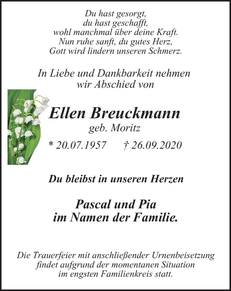  Traueranzeige für Ellen Breuckmann vom 07.10.2020 aus WVW Anzeigenblätter