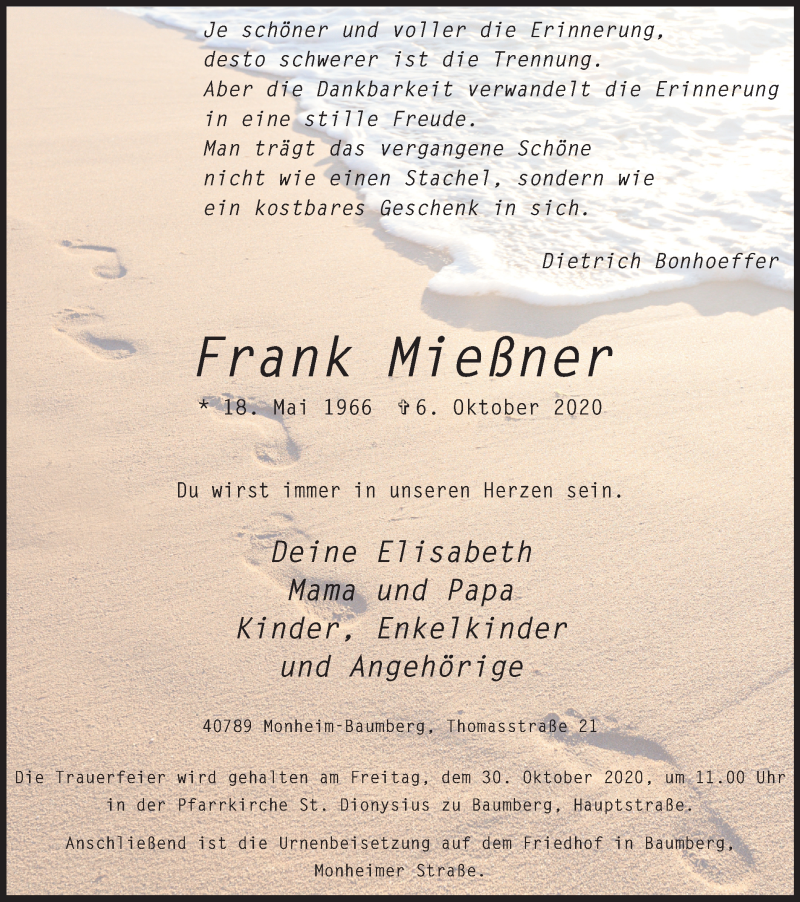  Traueranzeige für Frank Mießner vom 24.10.2020 aus WVW Anzeigenblätter