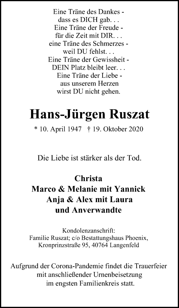  Traueranzeige für Hans-Jürgen Ruszat vom 31.10.2020 aus WVW Anzeigenblätter