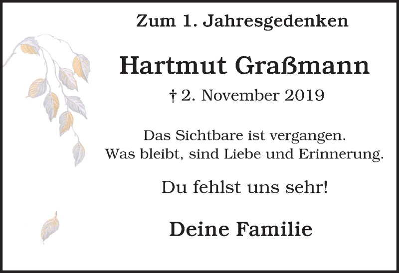  Traueranzeige für Hartmut Graßmann vom 31.10.2020 aus WVW Anzeigenblätter