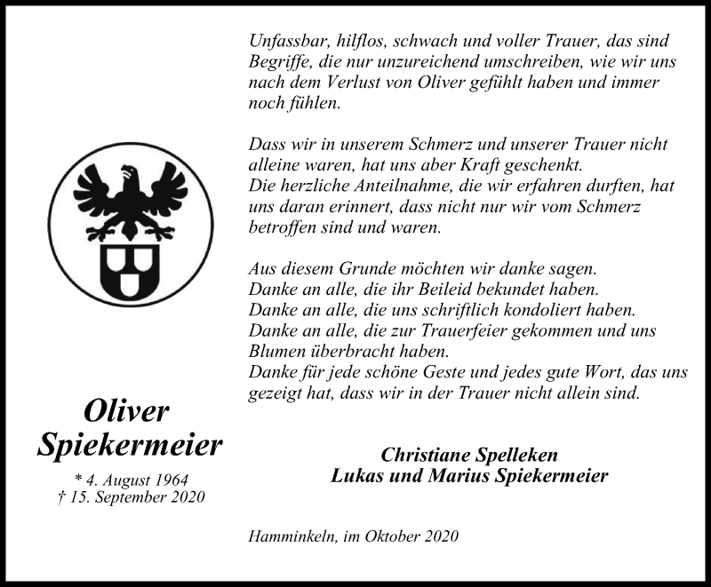  Traueranzeige für Oliver Spiekermeier vom 28.10.2020 aus WVW Anzeigenblätter