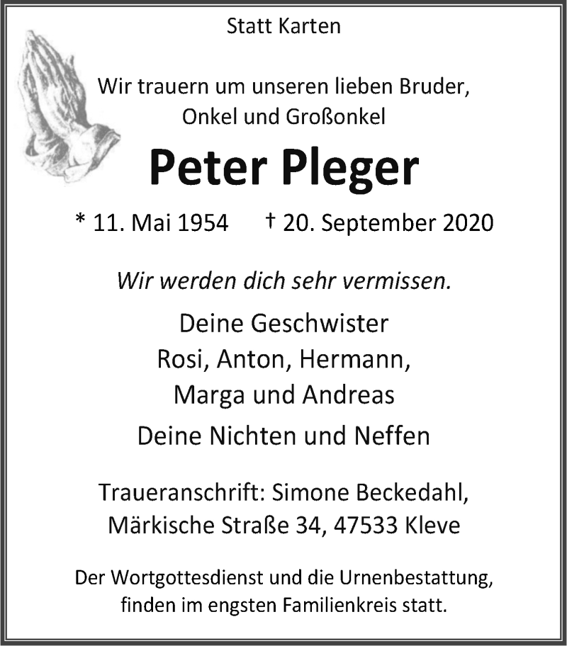  Traueranzeige für Peter Pleger vom 02.10.2020 aus WVW Anzeigenblätter