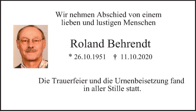  Traueranzeige für Roland Behrendt vom 31.10.2020 aus WVW Anzeigenblätter