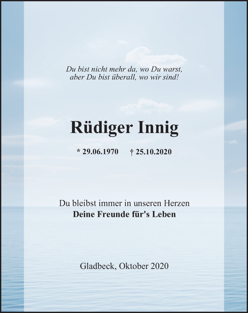  Traueranzeige für Rüdiger Innig vom 31.10.2020 aus WVW Anzeigenblätter