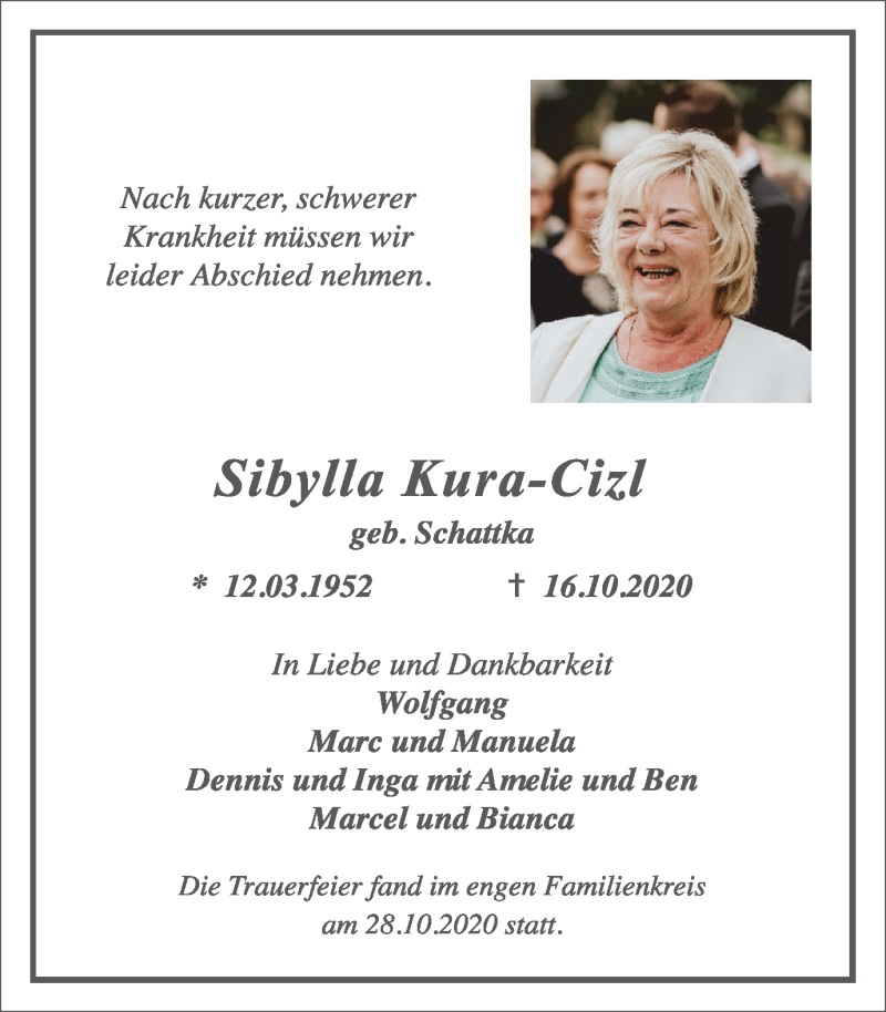 Traueranzeige für Sibylla Kura-Cizl vom 28.10.2020 aus WVW Anzeigenblätter