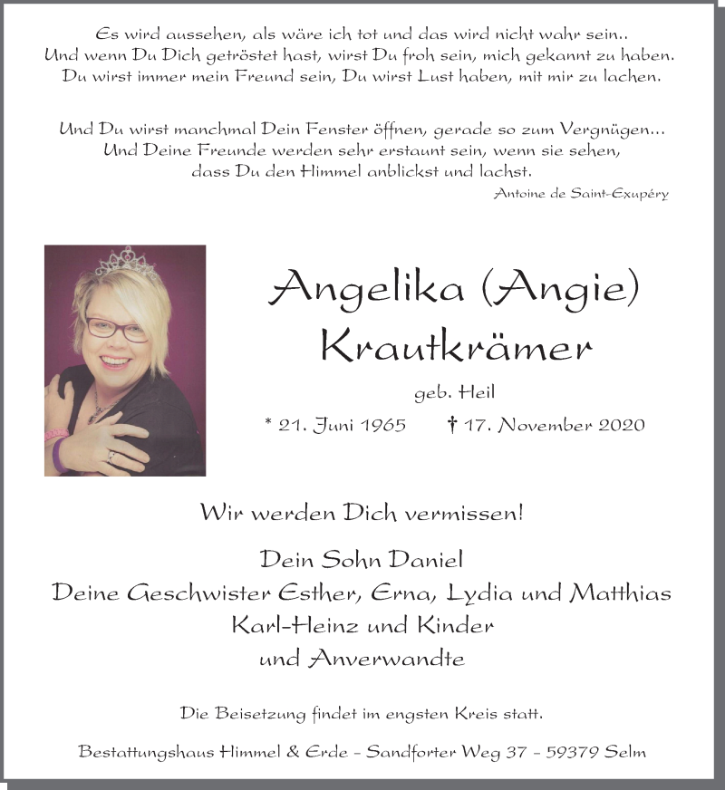  Traueranzeige für Angelika Krautkrämer vom 21.11.2020 aus WVW Anzeigenblätter