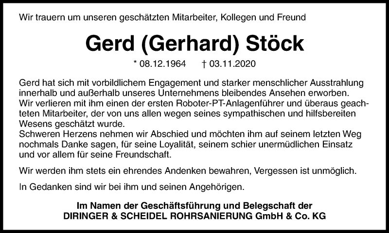  Traueranzeige für Gerd Stöck vom 21.11.2020 aus WVW Anzeigenblätter
