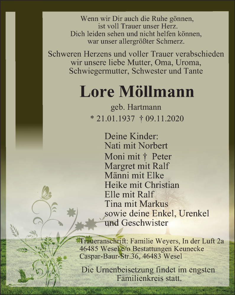  Traueranzeige für Lore Möllmann vom 18.11.2020 aus WVW Anzeigenblätter
