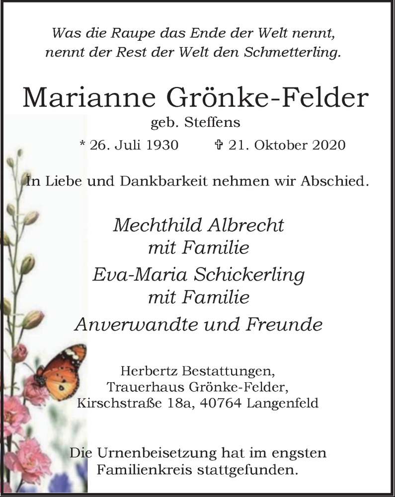  Traueranzeige für Marianne Grönke-Felder vom 14.11.2020 aus WVW Anzeigenblätter