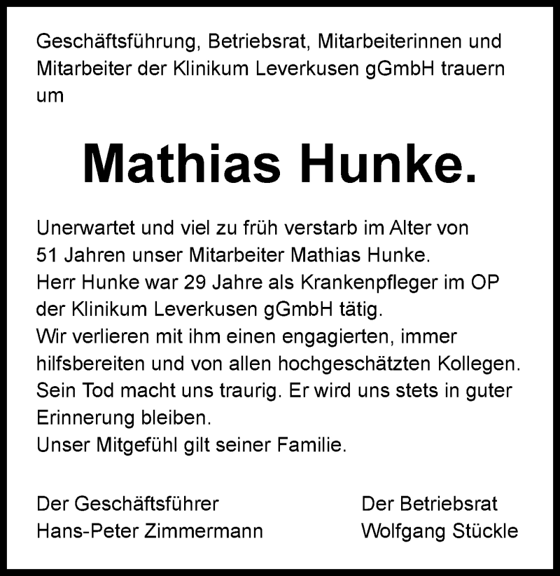  Traueranzeige für Mathias Hunke vom 21.11.2020 aus WVW Anzeigenblätter