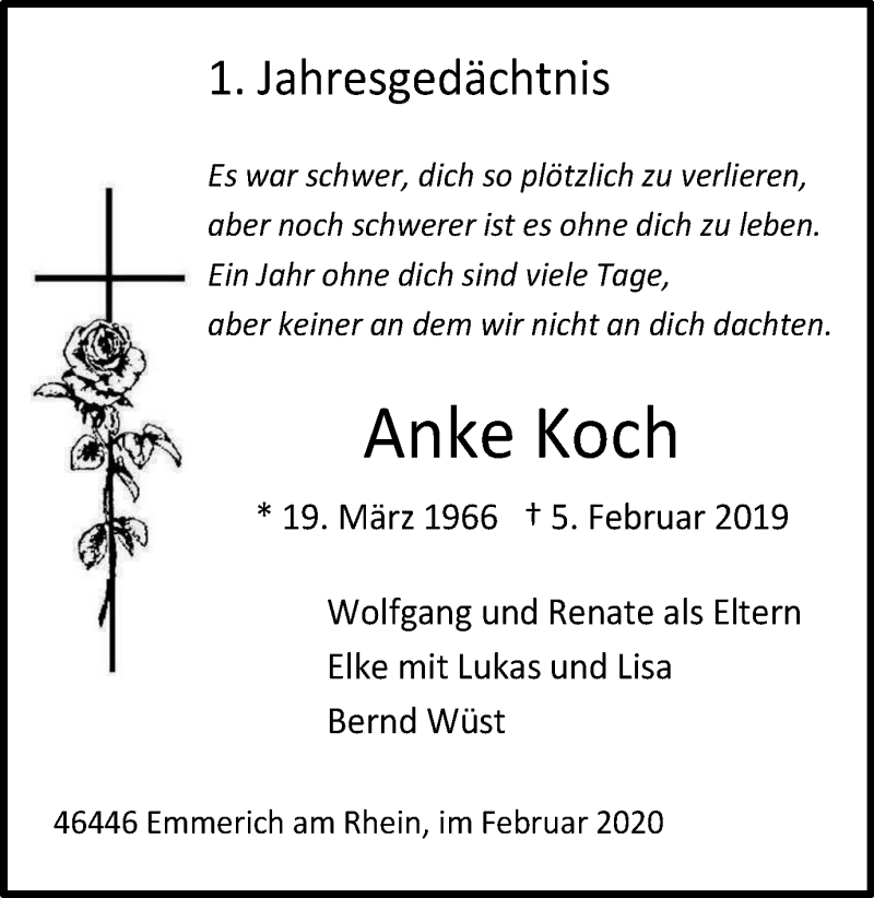  Traueranzeige für Anke Koch vom 05.02.2020 aus WVW Anzeigenblätter