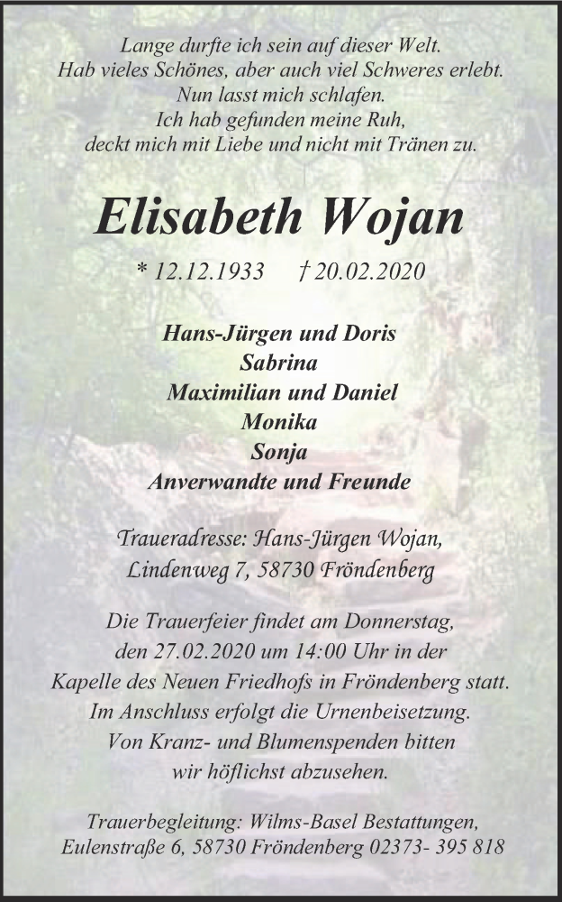  Traueranzeige für Elisabeth Wojan vom 26.02.2020 aus WVW Anzeigenblätter
