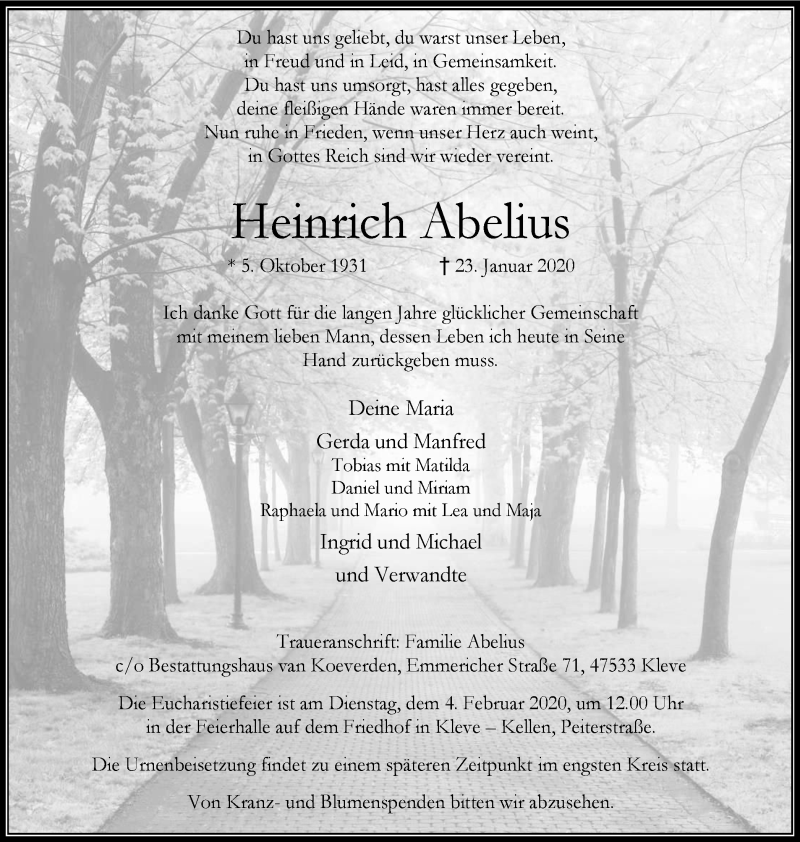  Traueranzeige für Heinrich Abelius vom 01.02.2020 aus WVW Anzeigenblätter