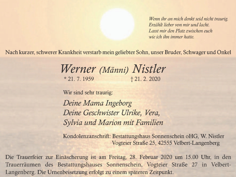  Traueranzeige für Werner Nistler vom 26.02.2020 aus WVW Anzeigenblätter