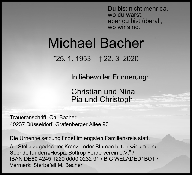  Traueranzeige für Michael Bacher vom 28.03.2020 aus WVW Anzeigenblätter