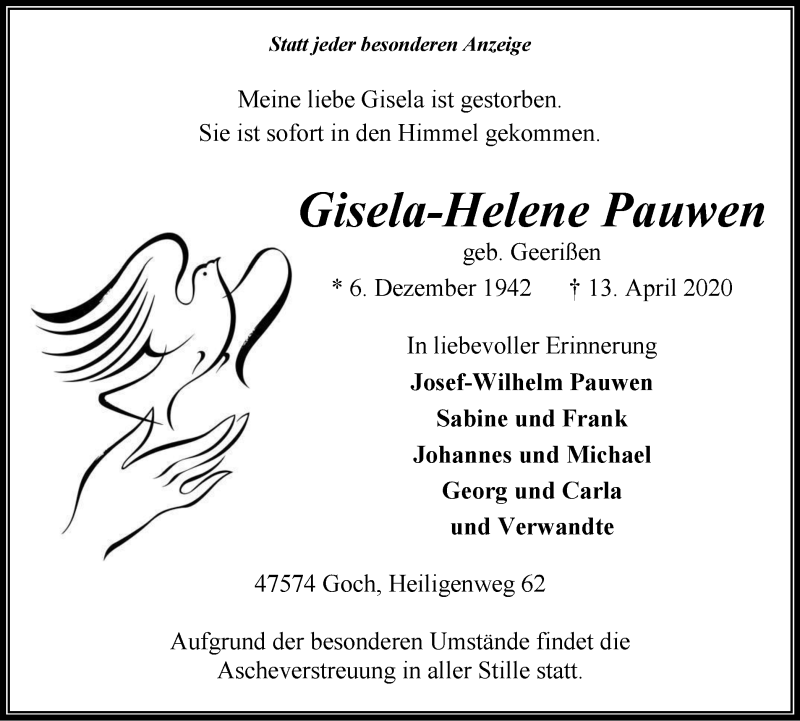  Traueranzeige für Gisela-Helene Pauwen vom 25.04.2020 aus WVW Anzeigenblätter