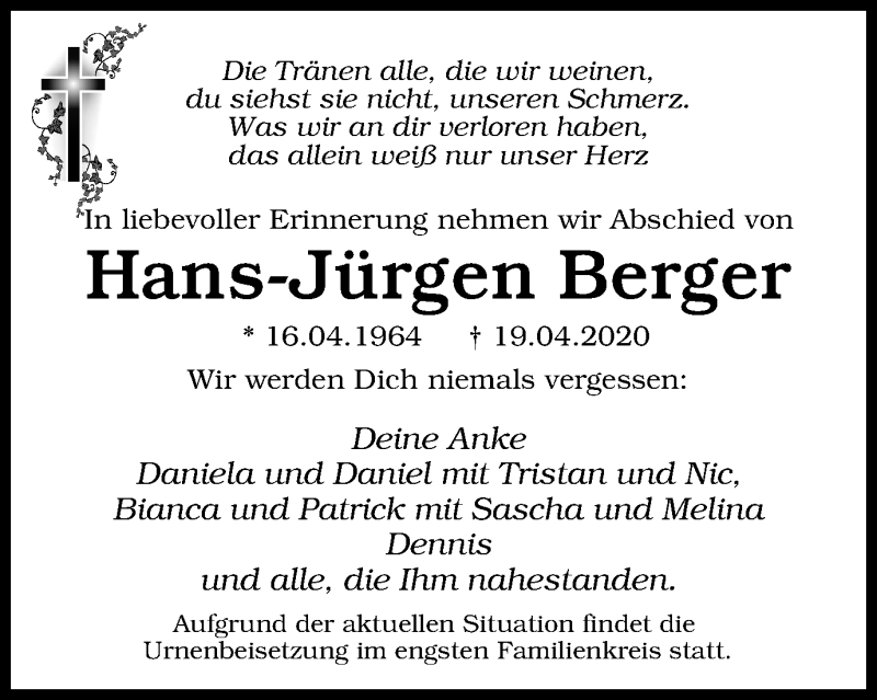  Traueranzeige für Hans-Jürgen Berger vom 25.04.2020 aus WVW Anzeigenblätter