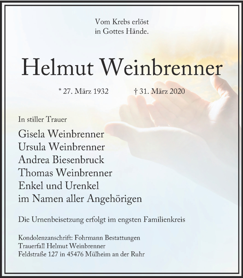  Traueranzeige für Helmut Weinbrenner vom 04.04.2020 aus WVW Anzeigenblätter