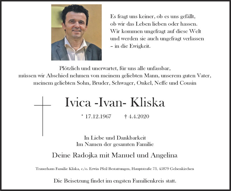  Traueranzeige für Ivica Kliska vom 11.04.2020 aus WVW Anzeigenblätter