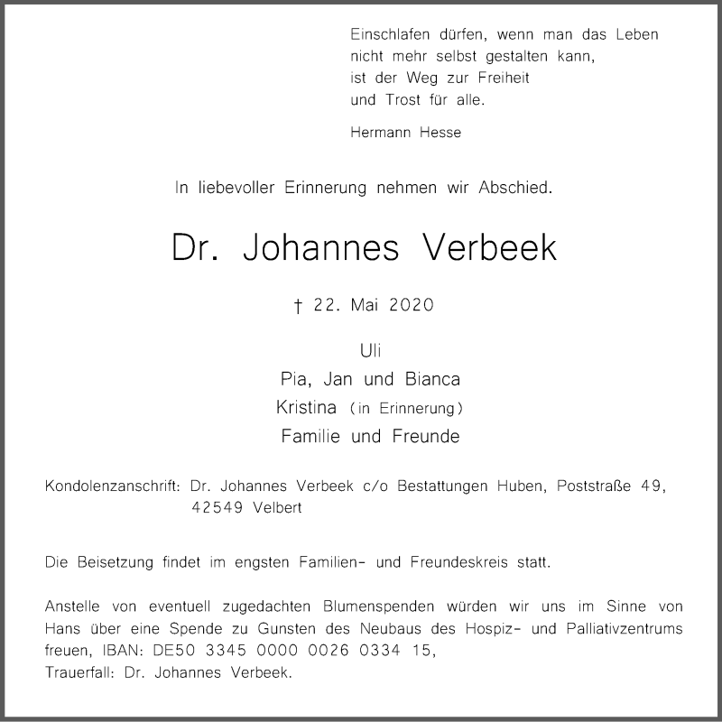  Traueranzeige für Johannes Verbeek vom 30.05.2020 aus WVW Anzeigenblätter
