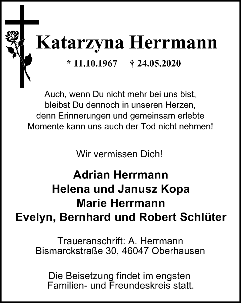  Traueranzeige für Katarzyna Herrmann vom 27.05.2020 aus WVW Anzeigenblätter