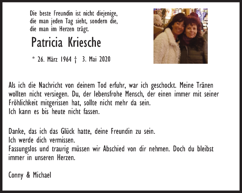  Traueranzeige für Patricia Kriesche vom 27.05.2020 aus WVW Anzeigenblätter