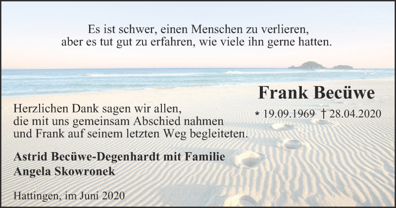  Traueranzeige für Frank Becüwe vom 20.06.2020 aus WVW Anzeigenblätter