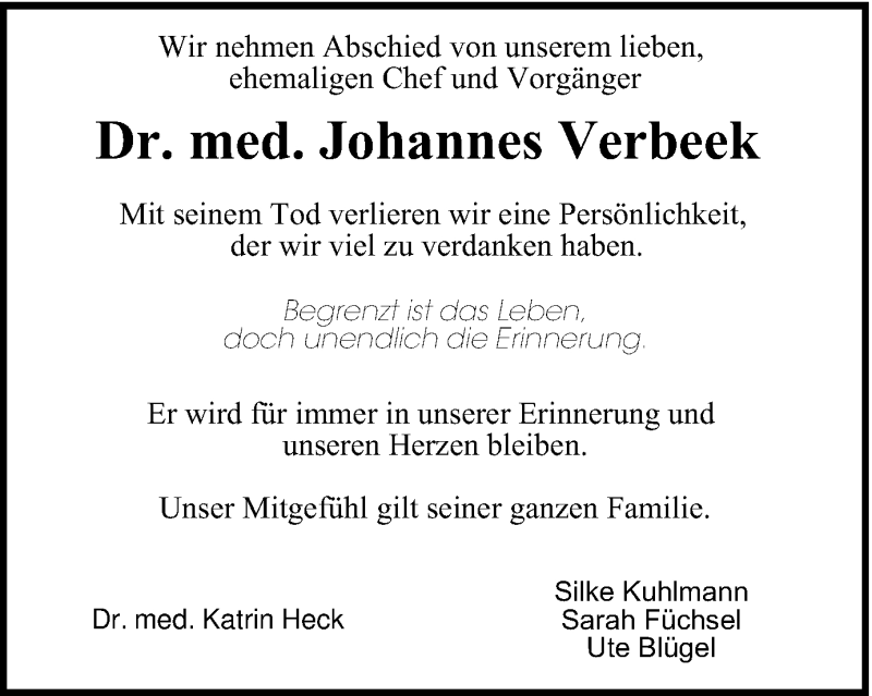  Traueranzeige für Johannes Verbeek vom 06.06.2020 aus WVW Anzeigenblätter