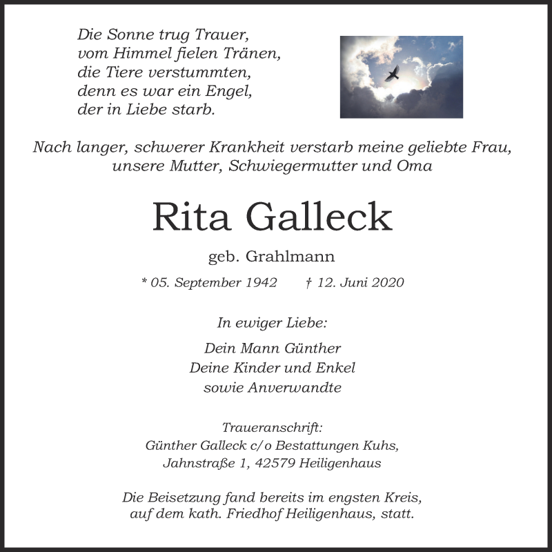  Traueranzeige für Rita Galleck vom 20.06.2020 aus WVW Anzeigenblätter