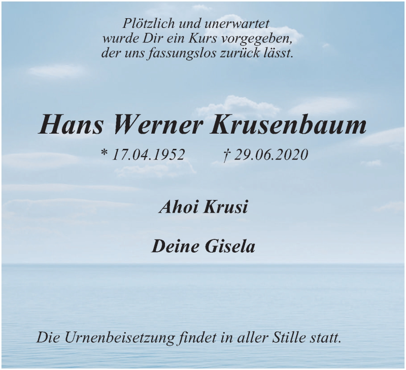  Traueranzeige für Hans Werner Krusenbaum vom 04.07.2020 aus WVW Anzeigenblätter