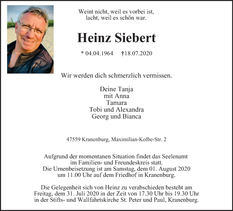 Traueranzeige für Heinz Siebert vom 25.07.2020 aus WVW Anzeigenblätter