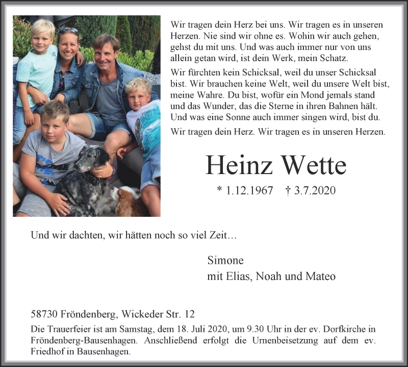  Traueranzeige für Heinz Wette vom 11.07.2020 aus WVW Anzeigenblätter