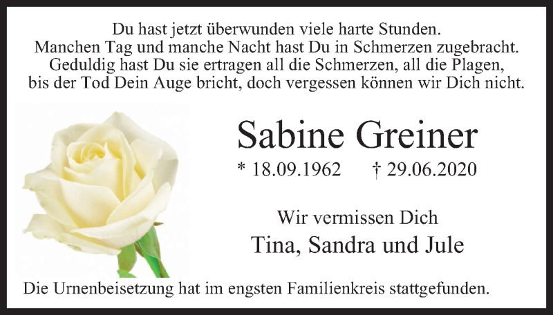  Traueranzeige für Sabine Greiner vom 22.07.2020 aus WVW Anzeigenblätter