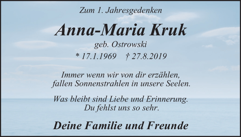  Traueranzeige für Anna-Maria Kruk vom 29.08.2020 aus WVW Anzeigenblätter