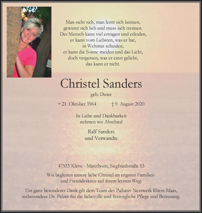  Traueranzeige für Christel Sanders vom 15.08.2020 aus WVW Anzeigenblätter