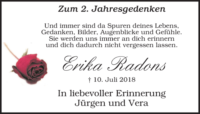 Traueranzeige für Erika Radons vom 10.07.2020 aus LÜNER ANZEIGER