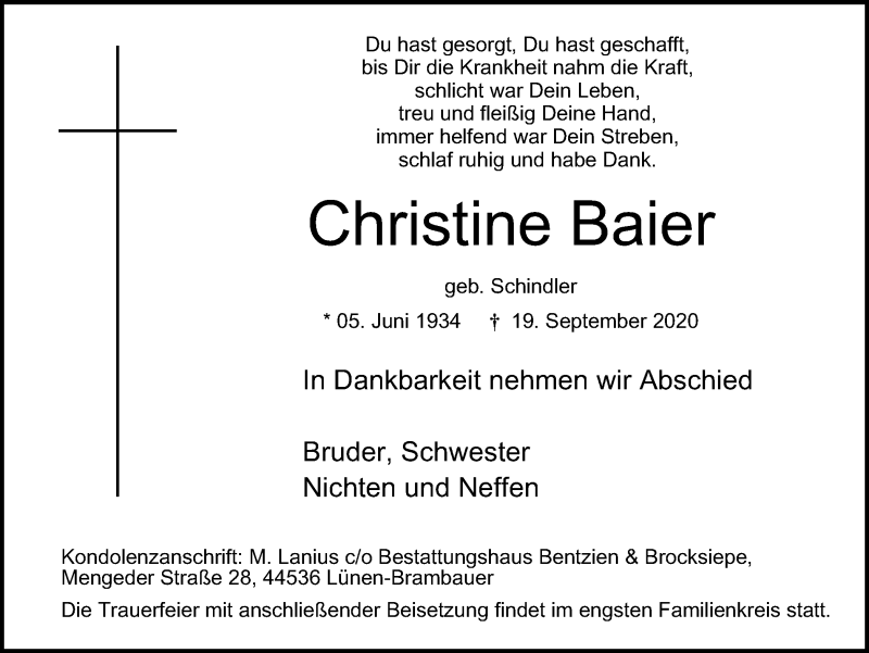  Traueranzeige für Christine Baier vom 26.09.2020 aus WVW Anzeigenblätter
