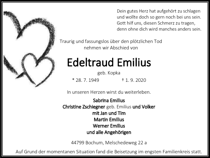 Traueranzeige für Edeltraud Emilius vom 12.09.2020 aus WVW Anzeigenblätter