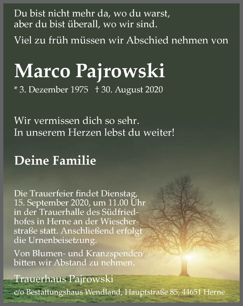  Traueranzeige für Marco Pajrowski vom 09.09.2020 aus WVW Anzeigenblätter
