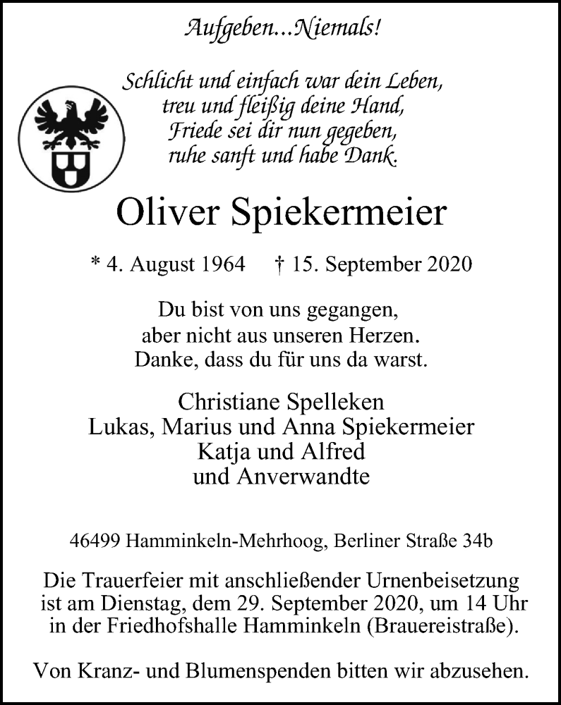  Traueranzeige für Oliver Spiekermeier vom 23.09.2020 aus WVW Anzeigenblätter