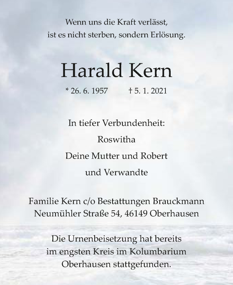  Traueranzeige für Harald Kern vom 23.01.2021 aus WVW Anzeigenblätter