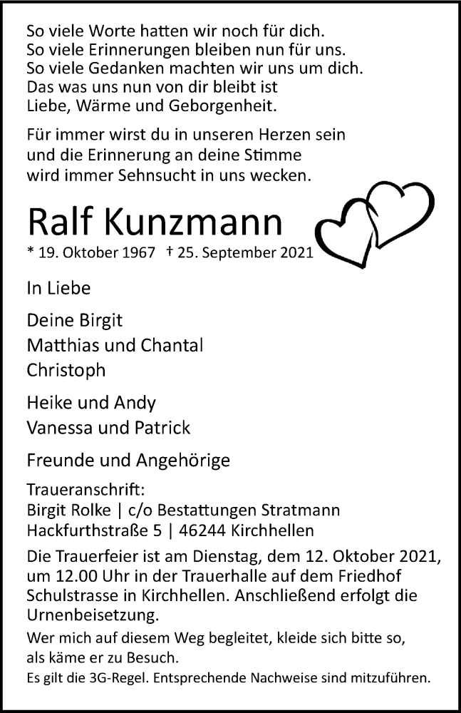  Traueranzeige für Ralf Kunzmann vom 09.10.2021 aus WVW Anzeigenblätter