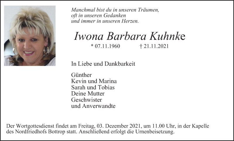  Traueranzeige für Iwona Barbara Kuhnke vom 27.11.2021 aus WVW Anzeigenblätter