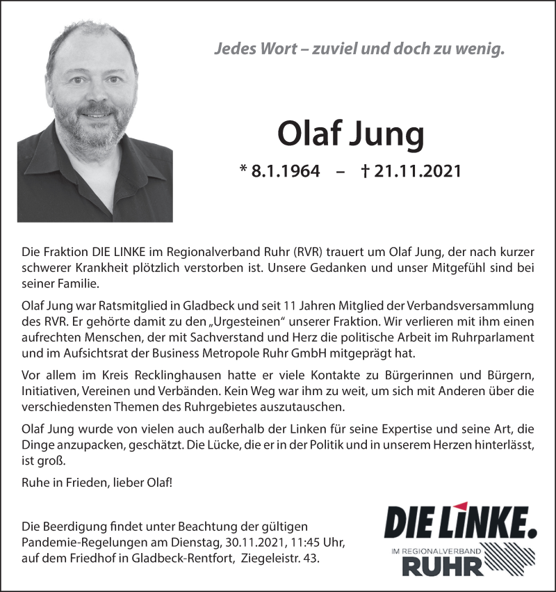  Traueranzeige für Olaf Jung vom 27.11.2021 aus WVW Anzeigenblätter