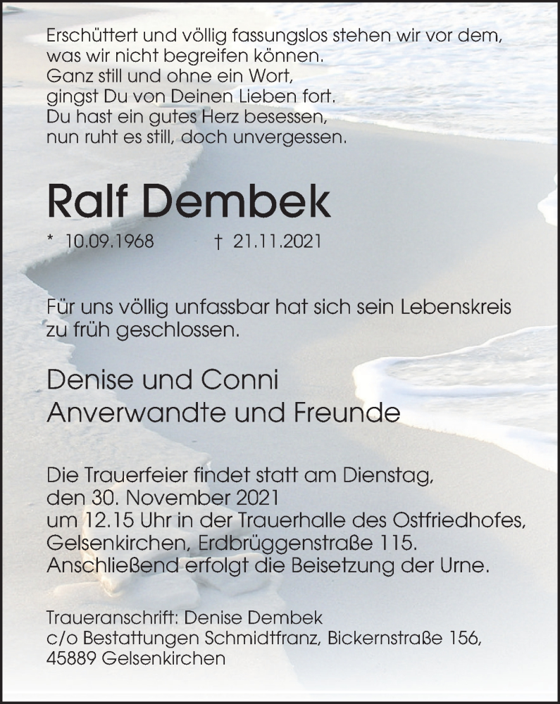  Traueranzeige für Ralf Dembek vom 27.11.2021 aus WVW Anzeigenblätter