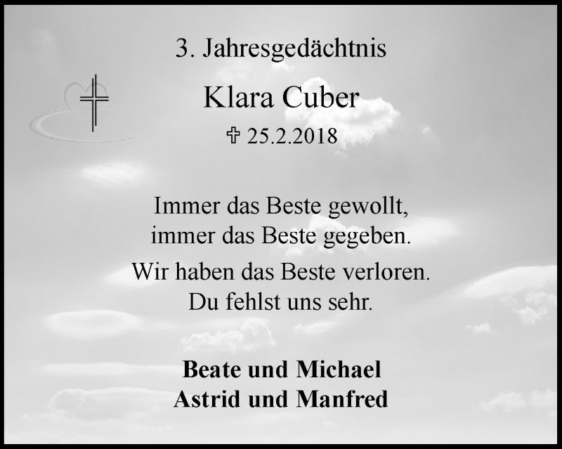  Traueranzeige für Klara Cuber vom 24.02.2021 aus WVW Anzeigenblätter