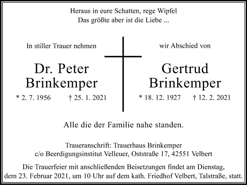  Traueranzeige für Peter und Gertrud Brinkemper vom 20.02.2021 aus WVW Anzeigenblätter